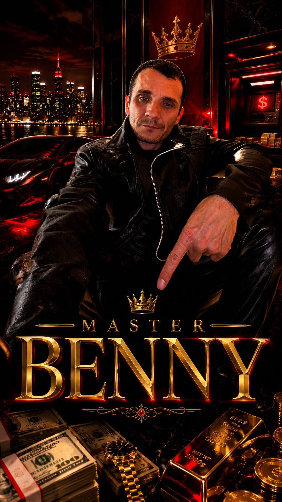Master Benny — gold wordmark poster, leather jacket, vault and skyline
